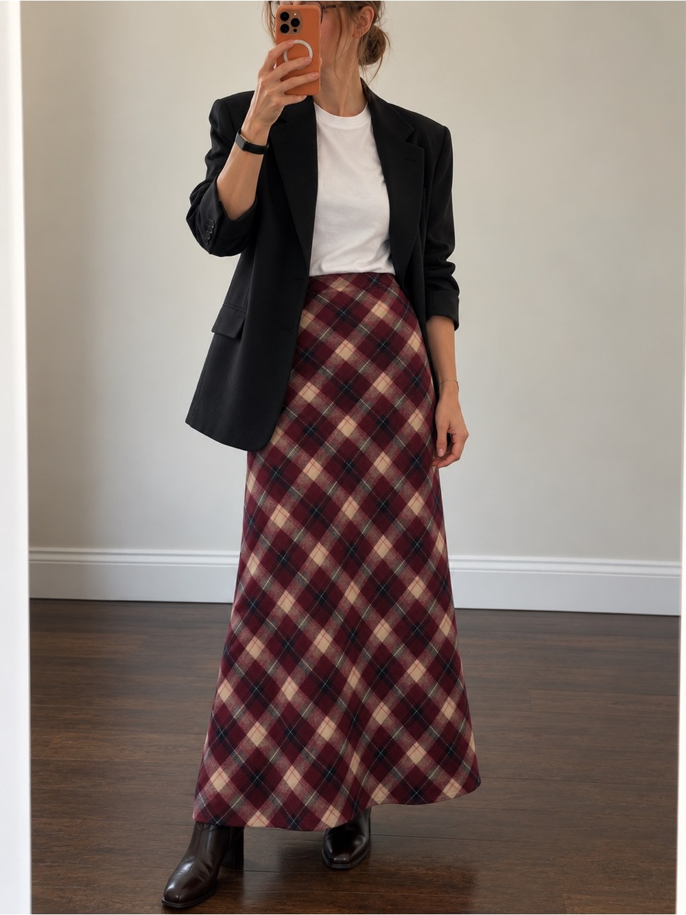 Plaid Maxi Skirt in Burgundy and Cream - Women